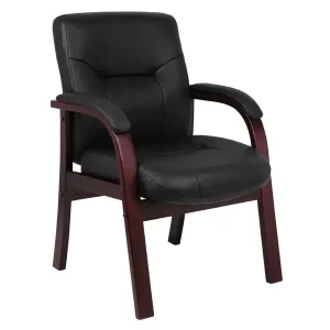 Boss Chair - Black With Mahogany Wood Top Grain Leather Guest Chair